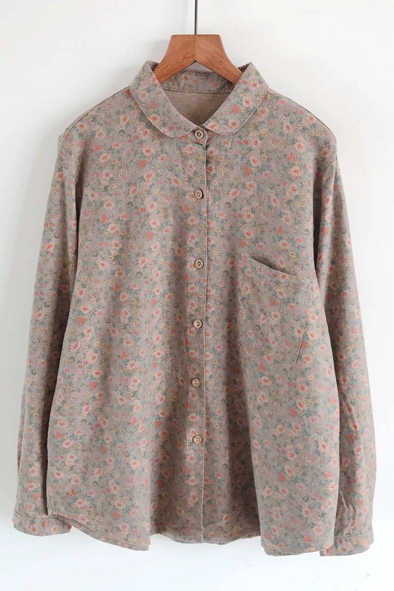 

New Winter Coat Lapels Rural Wind Restoring Ancient Ways Small Broken Flower Mill Hair Female Cotton Long Sleeve Shirt