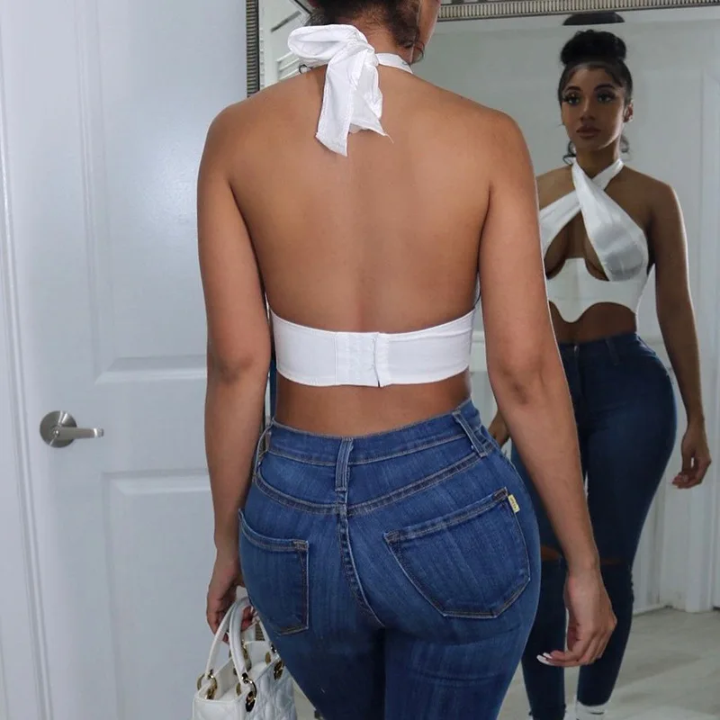 Кроп Топ женский без рукавов майка с перекрестной лямкой на шее асимметричный