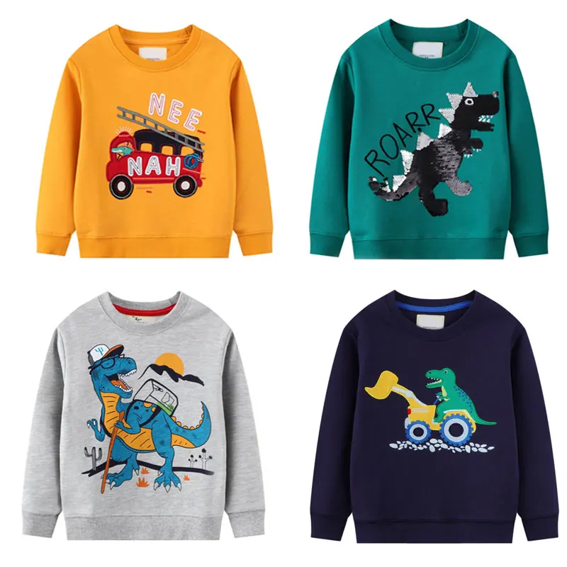 

Dinosaur Long Sleeved Sweatshirt for Kids Boys Sequin Embroidery Cute Pullover 2021 Autumn Cartoon Casual Children's Cotton Tops