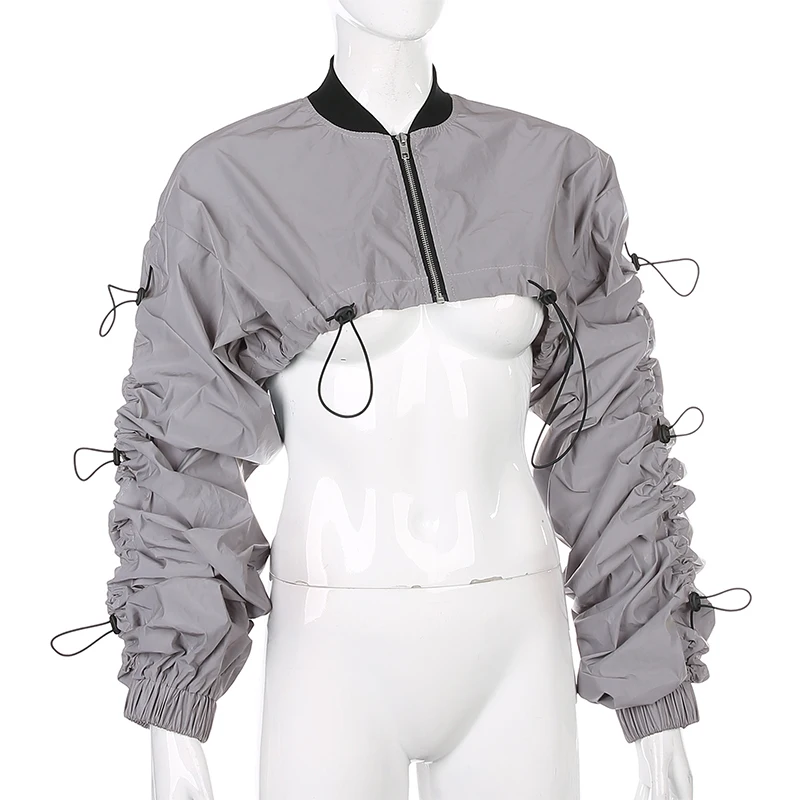 Новые пикантные Ruched слоеного с длинным рукавом куртка-бомбер капюшоном на молнии