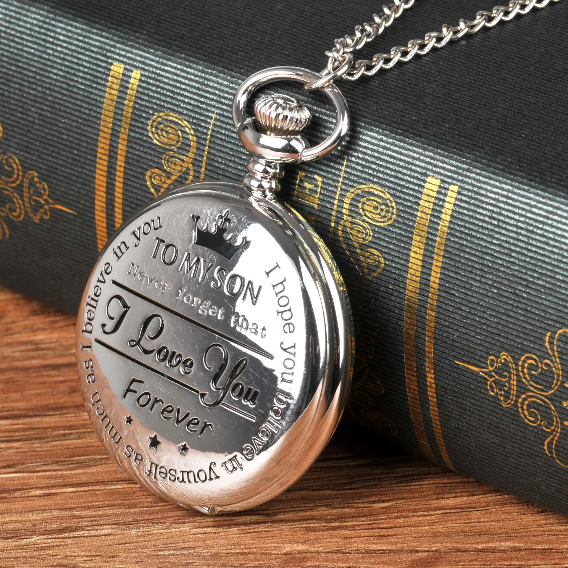 Серебристый "To My Son I Love You" Серия карманные часы модные ретро римские цифры карманные часы кулон с цепочкой кварцевые унисекс хороший подарок - Цвет: Серебристый
