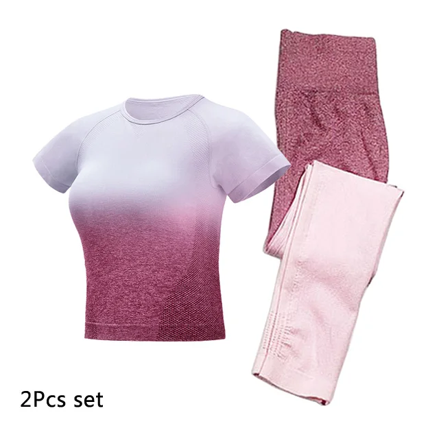 Short sleeve Pink 2 шт., бесшовный комплект для йоги, женский спортивный комплект с эффектом омбре, спортивная одежда для тренировок, Топ с длинным рукавом для фитнеса+ леггинсы для попки - Цвет: Short sleeve Pink