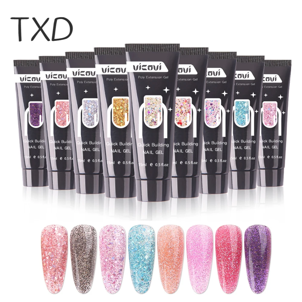

TXD 15ML Extend Poly UV Shiny Glitter Gel Nail Art Polish Varnishes Full Colors Semi Permanent Extension Nails Art Gel Odor Free