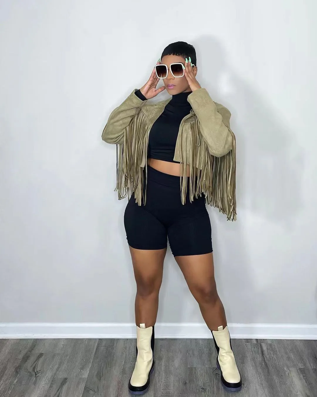 

PLSW Outwear Women Tassel Splicing Long Sleeve Streetwear Jacket Fashion Solid Suede Women Cute little Jacket