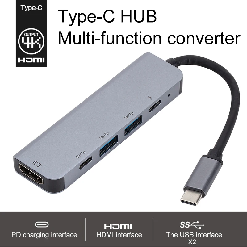 

5 in1 USBC HUB HDMI 30HZ RJ45 Ethernet Micro SDTF OTG Adapter+ USB3.0 x 2 + PD Charging Fit for Macb00