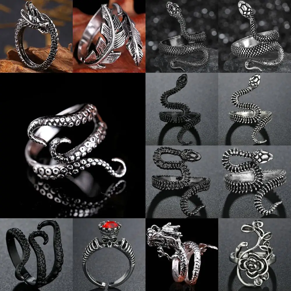 Ретро кольца в виде змейки для мужчин и женщин черный тяжелых металлов стиле панк