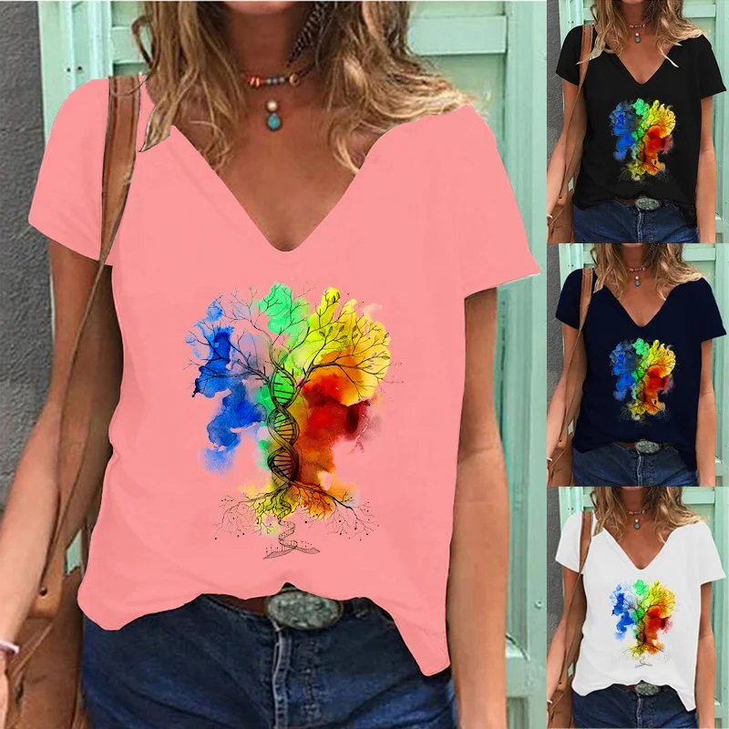 

Women's New Summer Fashion Watercolor Printing T-shirt Casual Short Sleeve Deep V-neck Tee Solid Color Pullover Blouse Tops