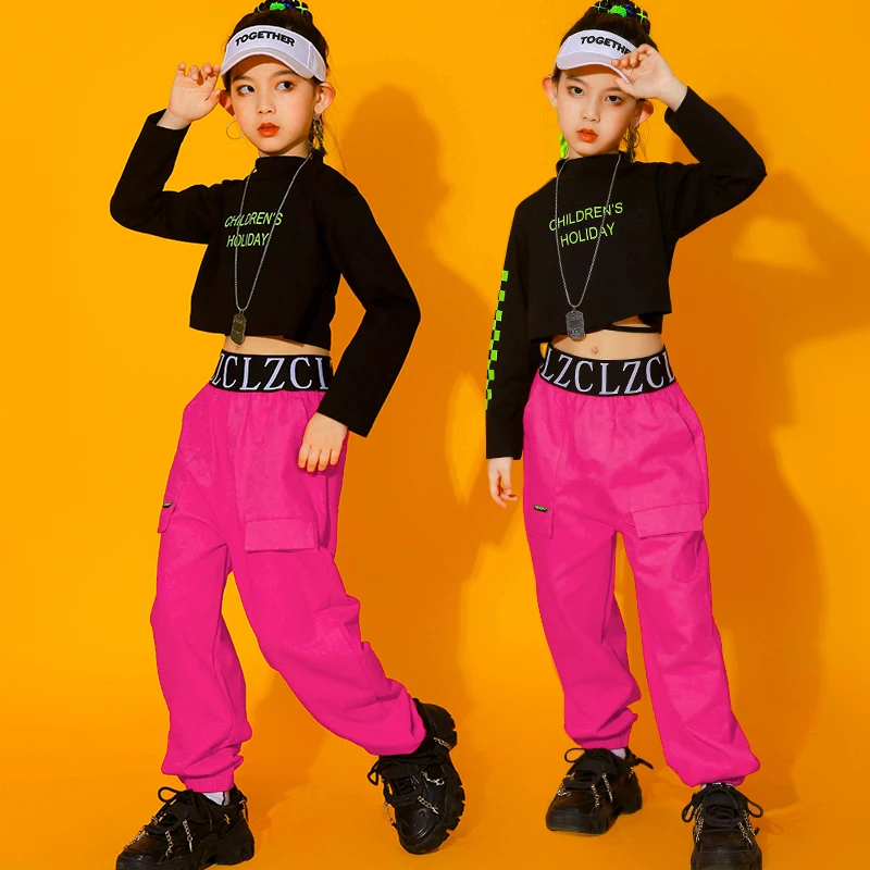 

Костюм для танцев в стиле хип-хоп, черный укороченный топ для девочек, розовые штаны, одежда для уличных танцев с длинным рукавом для джазовых представлений, сценический наряд BL7003