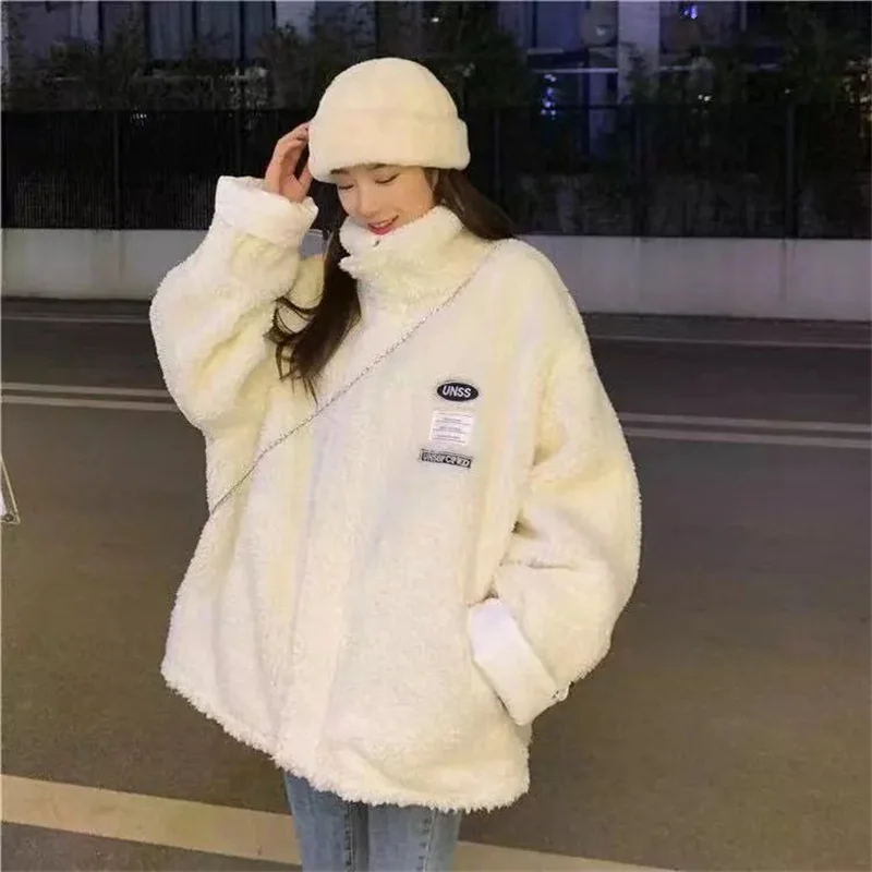 Lamb wool coat female autumn and winter all-match 2021 new Korean loose students lazy style thick cotton coat cotton clothing ti