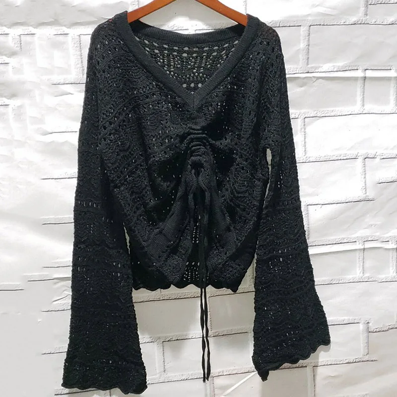 

New Women Hollow Out Knitted Sweater Sexy Solid Knitting Crop Top Pullovers Autumn Winter Long Sleeve Tops Plus Size Pull Femme