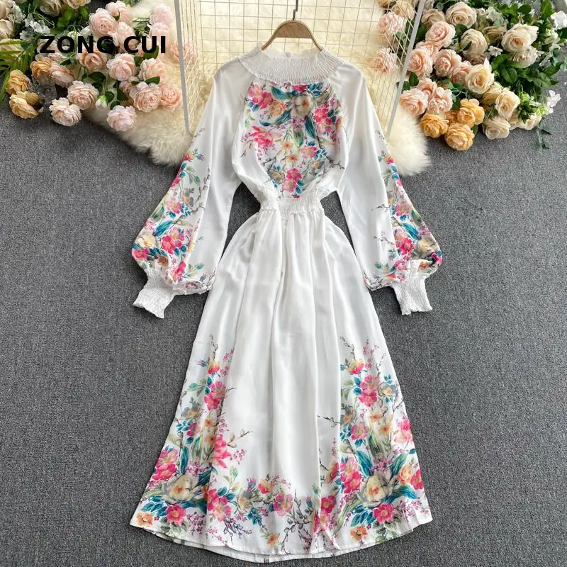 

French retro court dress 2021 fall new loose o-neck Lantern Sleeve elastic waist white A-line dress high quality Maxi Dress