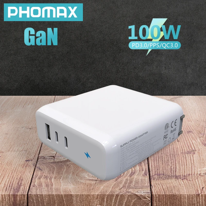 

PHOMAX GaN PD 100W 3-Port Power Adapter US Plug Quick Charger For IPhone Huawei Xiaomi USB Type C Mobile Phone Charging Adapter