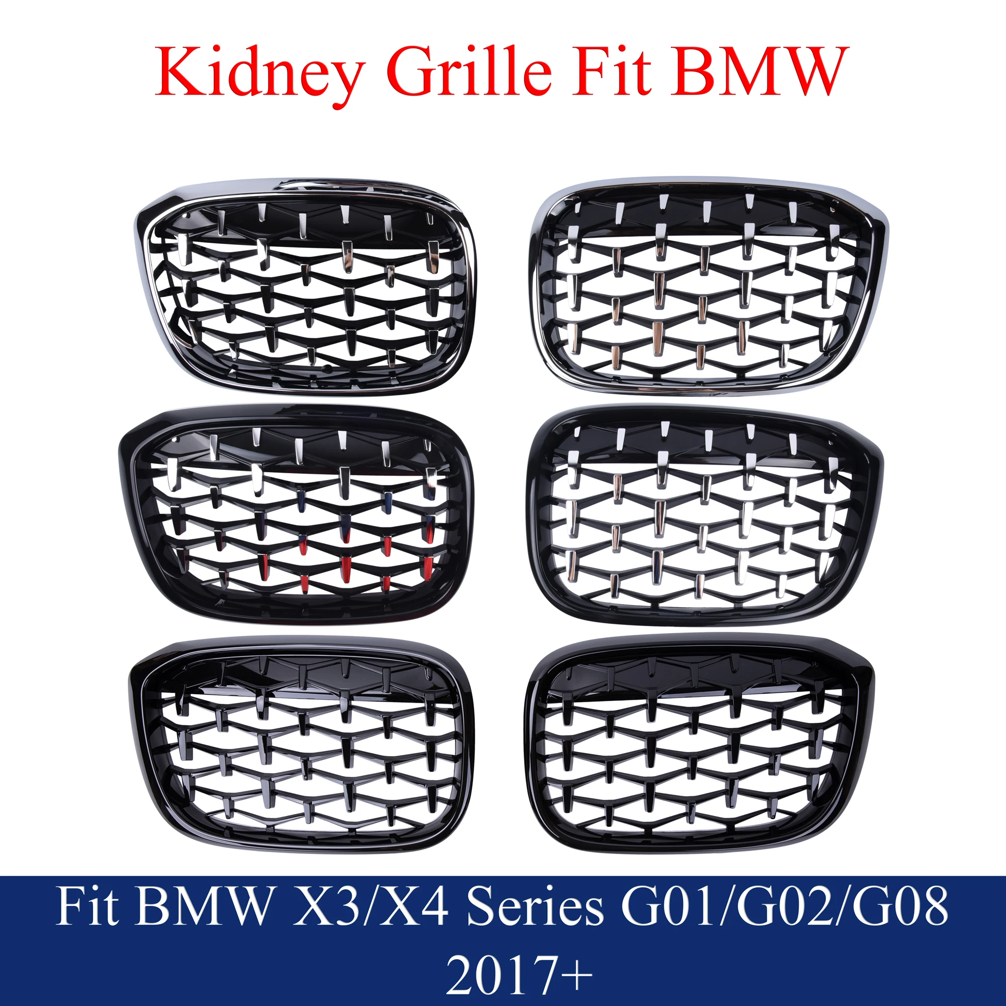 Chrome Diamond Front Kidney Grill Gloss Black Fit  2017+ BMW X3 G01 X4 G02 SeriessDrive20i 18d xDrive20i 28i 30i 20d 25d 30d