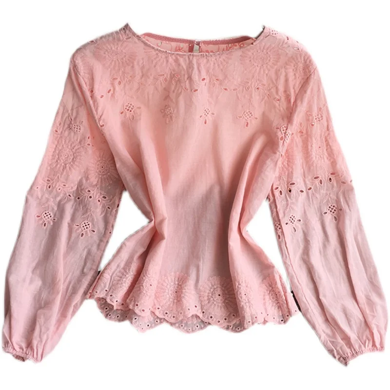 

ZCWXM Women blouse Long Sleeve Embroidered Hollowed Out Korean Top 2021 New Loose And Thin Round Neck Shirt