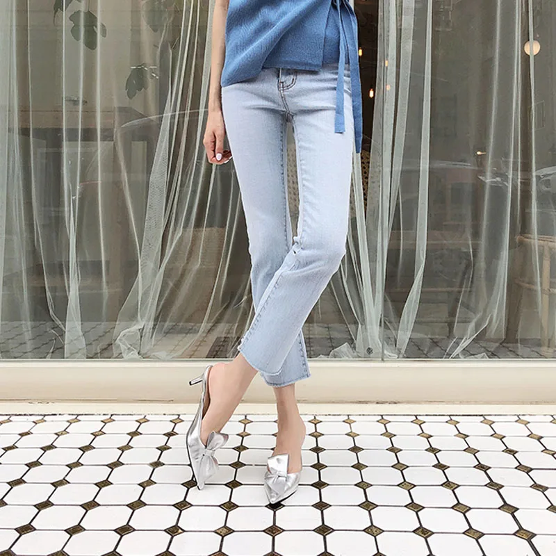 Женские летние шлепанцы с бантом на высоком каблуке острым носком Полушлепанцы