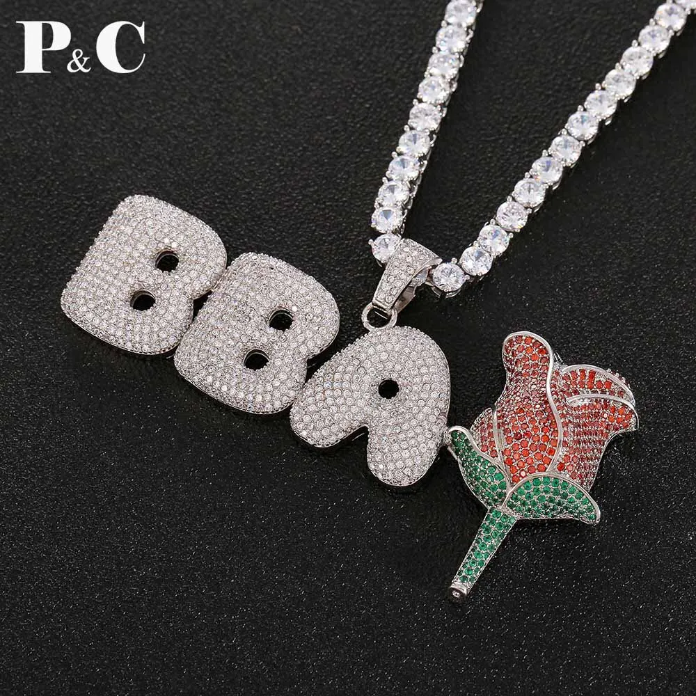 Кулон с розовыми цветами и пузырчатыми буквами ожерелье для пары подарки