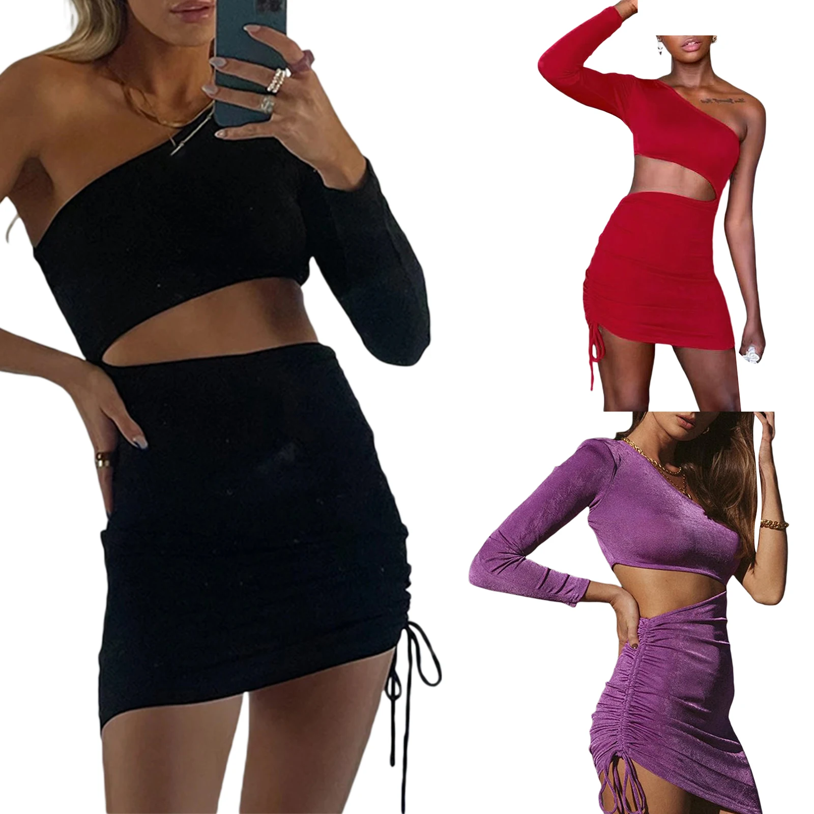 

Women Summer Close-fitting One-shoulder Asymmetric Dress Solid Color Hollow Out Ruched Backless Party Bandage Women Sexy Dresses