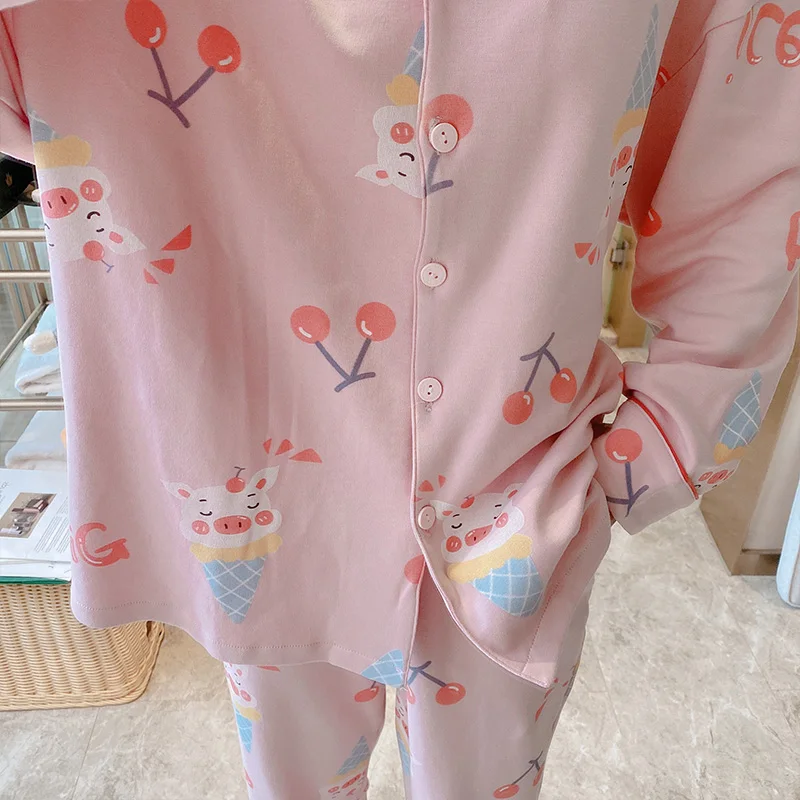 

Cardigan Pajamas Women's Spring and Autumn Long Sleeve Korean Style Loose Cotton Suit Cherry Sweet Cute Loungewear Can Be Worn