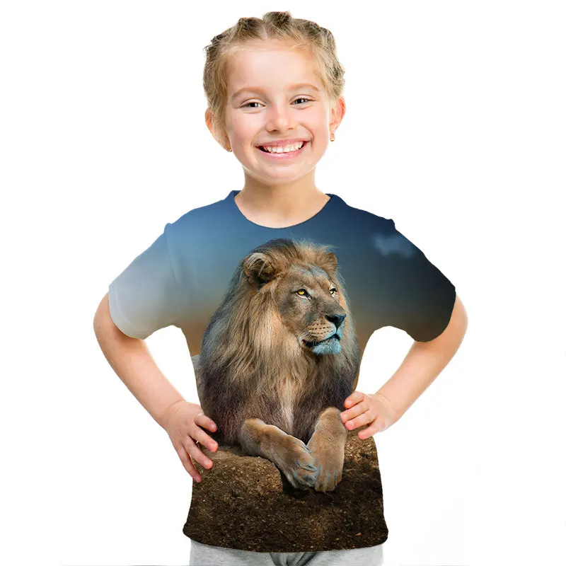Коллекция года, летняя детская футболка с 3D изображением животных, Льва, волка, тигра, лошади, кота, леопарда, цветной Галактики, огня, брендовая дизайнерская футболка для мальчиков и девочек, футболка