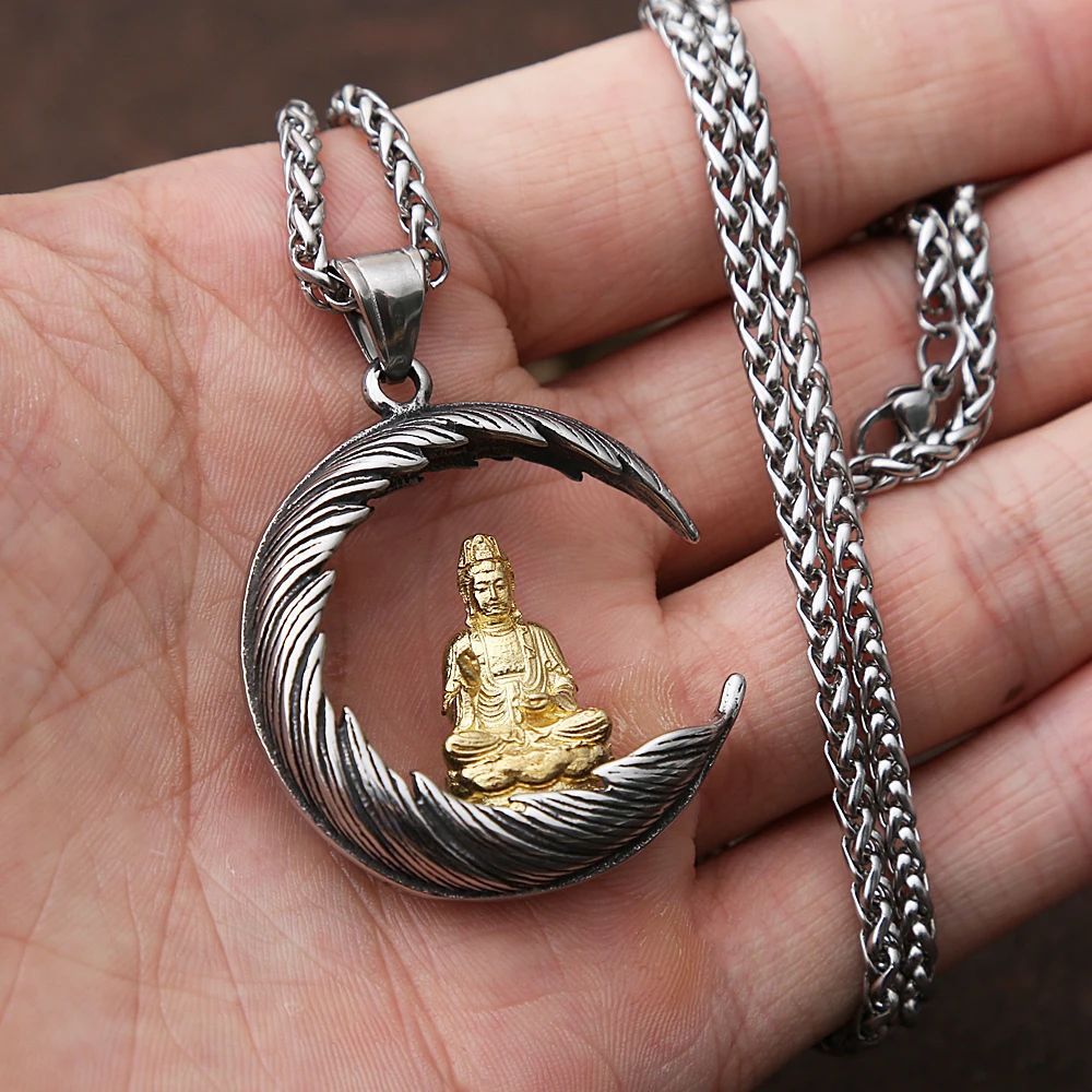 

Buddhist Stainless Steel Meditation Feather Buddha Pendant Men Necklace Tathagata Buddha Statue Guanyin Pendant Amulet Jewelry