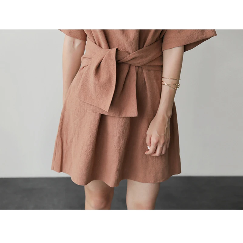 Женское хлопковое платье с круглым вырезом коротким рукавом | Женская одежда