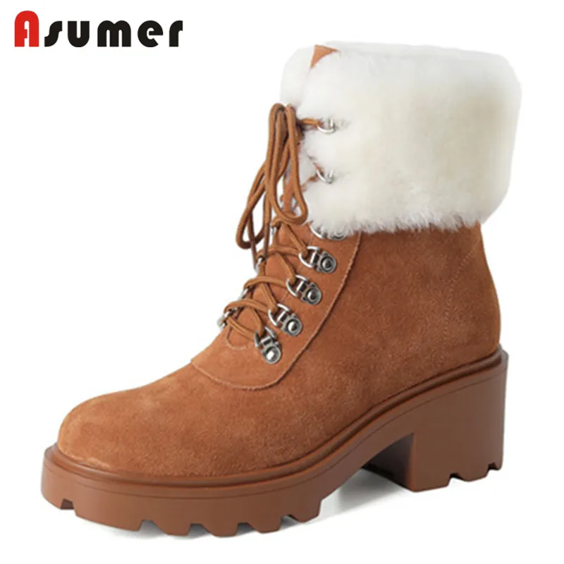 

ASUMER 2022 New Arrive Winter Shoes Women Ankle Boots Suede Leather Lace Up Square Heels Platform Shoes Woman Boots Black