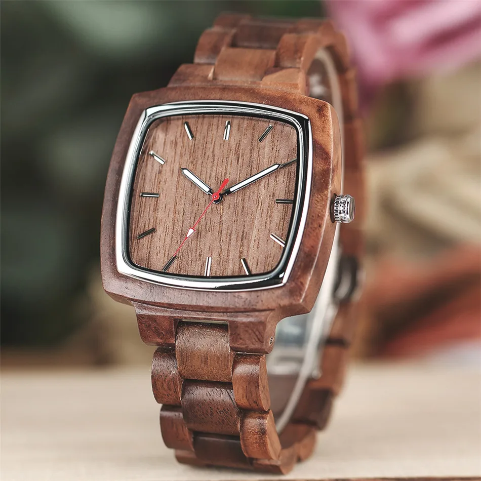 Минималистичные квадратные деревянные часы из орехового дерева мужские и