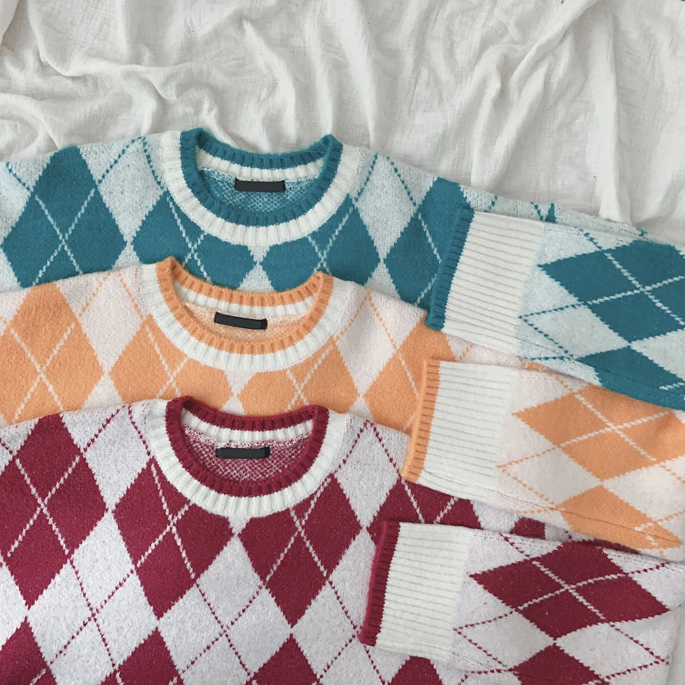 

2020 Autumn and Winter New Korean Chic Younger Cute College Style Retro Plaid Loose All-Match round Neck Sweater