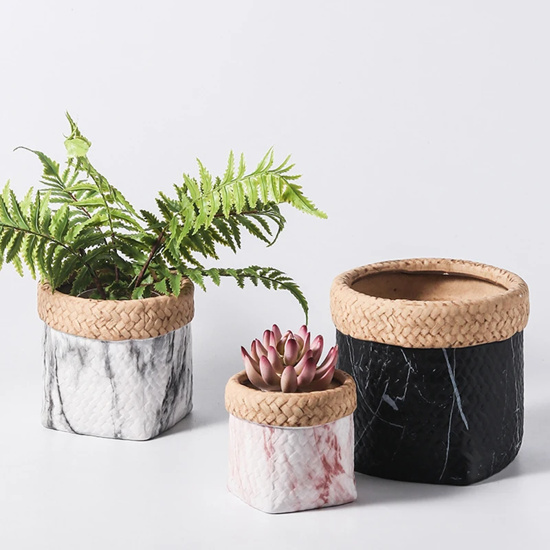 

Home Garden Nordic Simple Imitation Sack Ceramic Flowerpot Water Transfer Creative Design Indoor Green Planting Flower Pot