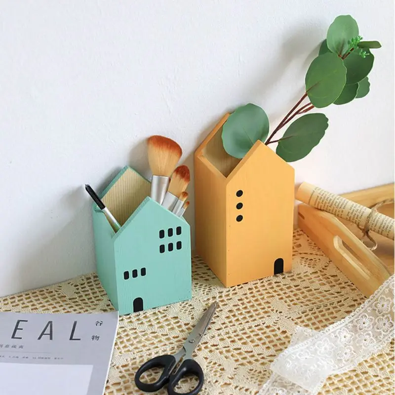 

Creative House Shape Wooden Pencil Pen Holder Desktop Organizer Container Brush Pot Stationery School Office Supplies