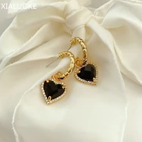xialuoke s925 needle retro geometric c heart pendant earrings for women elegant black glass tassel earrings fashion jewelry 2021