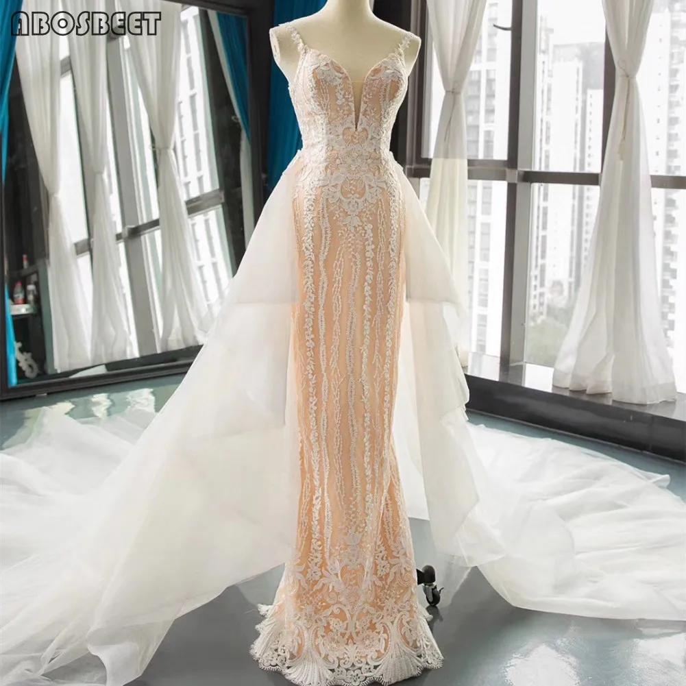 

Mermaid Wedding Dress with Detachable Train Champagne Lining Trumpet Wedding Gowns for Bridal 2021 V Neck Spaghetti Straps