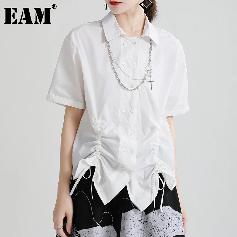 

[EAM] Женская белая Повседневная Блузка с асимметричным подолом, новая свободная рубашка с отворотом и рукавом до локтя, модная весенне-летня...