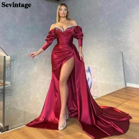 sevintage mermaid satin evening dresses long sexy off shoulder 34 sleeves prom gowns pearls slit women formal special dresses