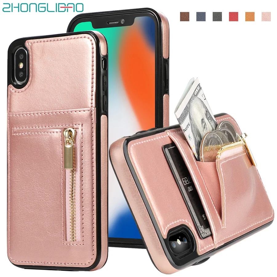Тонкий чехол кошелек на молнии для iPhone Xr Xs Max 8 7 6 6s X Plus 5 Se кожаный с держателем карт