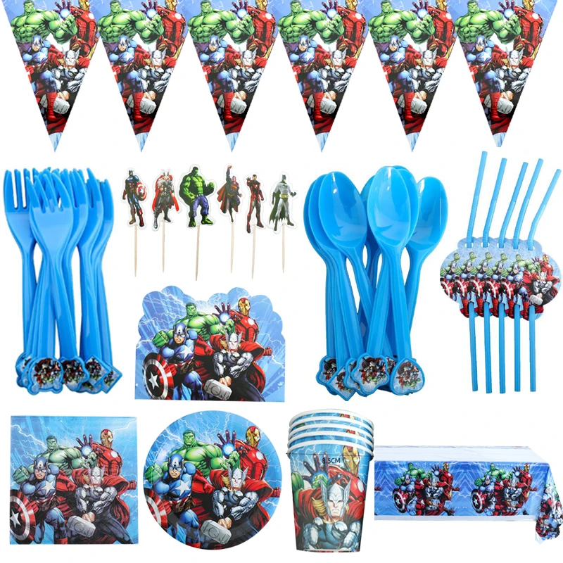 

115Pcs/lot Superhero Theme Cups Plates Tablecloth Banner Napkins Invitation Cards Kids Favors Cake Toppers Straws Knife Spoons