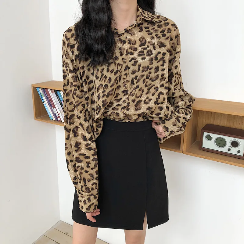 

2020 Spring Summer Fashion Women Leopard Shirt Long Sleeve Casual Loose Chiffon Shirts Female Streetwear Blouse Tops Oversize