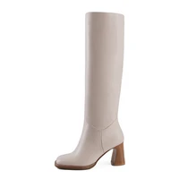 fashion square toe block thick high heel fold knee high boots women beige stretchy pleated runway banquet elegant ladies shoe