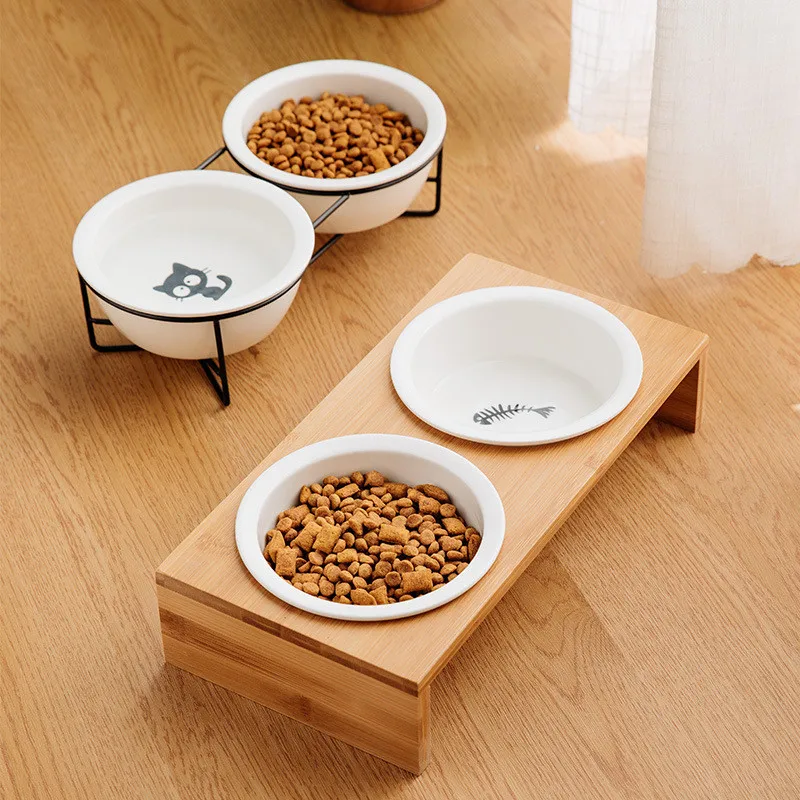 Миска для собак бамбуковый держатель кормушка кошек керамические двойные миски
