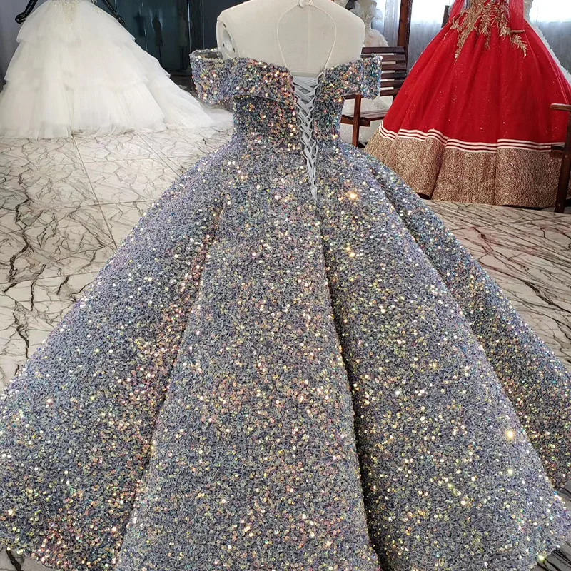 HTL0650 Luxurious Lace Up Back Colorful Sequined Flower Girl Dresses 2020 V-Neck Ball Gowns Off The Shoulder | Свадьбы и торжества