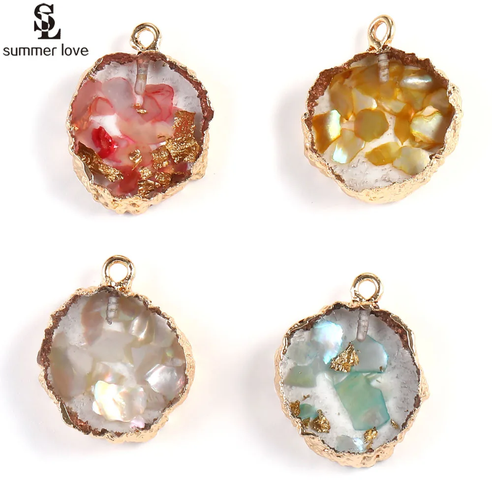 

10pcs/lot Round Shell Resin Charms fit Bracelet Necklace Earring Gold Metal Pendants for Diy Jewelry Making Accessories