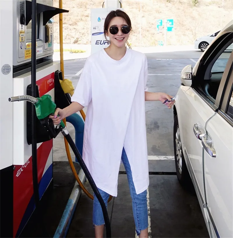 Футболка женская с разрезом однотонная хлопковая модная свободная длинная