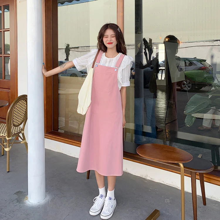 

Женское джинсовое платье средней длины, розовое джинсовое платье в студенческом стиле