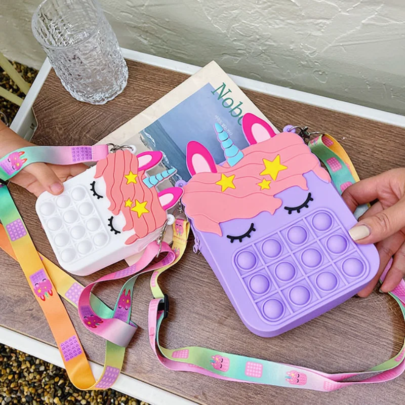 Boys Girls Unicorn Bag New Children Silicone Bubble Puzzle Decompression Toy Bag Kids Wallet Shoulder Bag