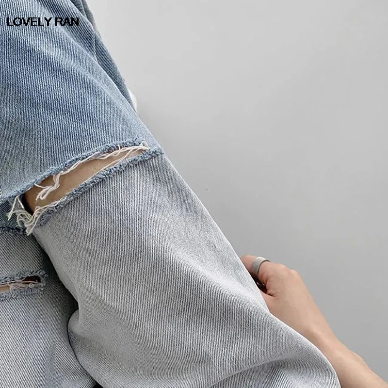 

Gradient Ripped Straight-leg Jeans Women High-waisted Hollow New Korean Denim Pants Female 2021 Summer Girls Casual Loose Pant