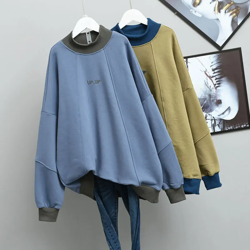 

Autumn & Winter New Casual Half-high Collar Hoodies Simple Oversize Loose Plus Velvet Thick Lazy Style Women Tops Free Shipping