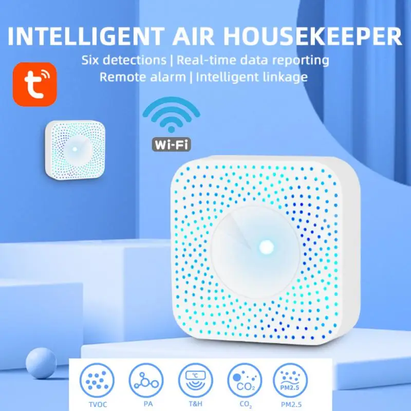 

Смарт-датчик CO2 Tuya с Wi-Fi для воздушной коробки, детектор содержания VOC, HCHO, PM2.5, детектор газа, измеритель температуры и влажности, автоматичес...