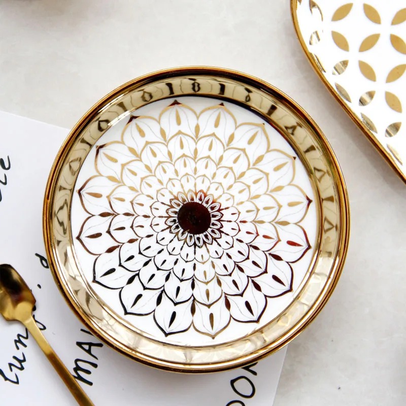 JINSERTA Ceramic Storage Tray Dinner Plate Dish Tableware Gold Inlay Dessert Fruit Cake Snack Home Restaurant Decor | Дом и сад