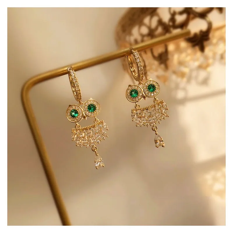 Серьги-клипсы S925 для женщин Высококачественная инкрустация зеленая стразы Сова