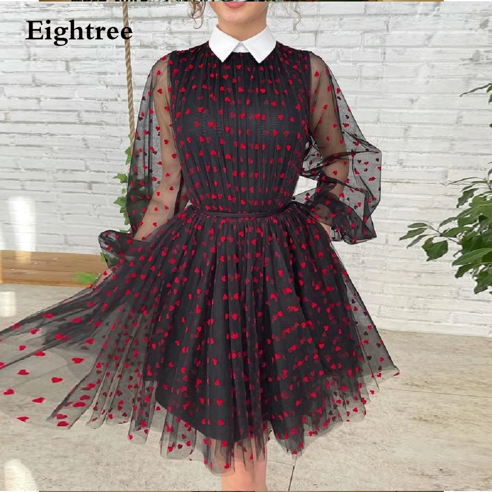 

Eightr Black Red Heart Long Sleeves Short Evening Dresses Sweetheart High Neck Formal Party Prom Gown Dress Vestidos de festa